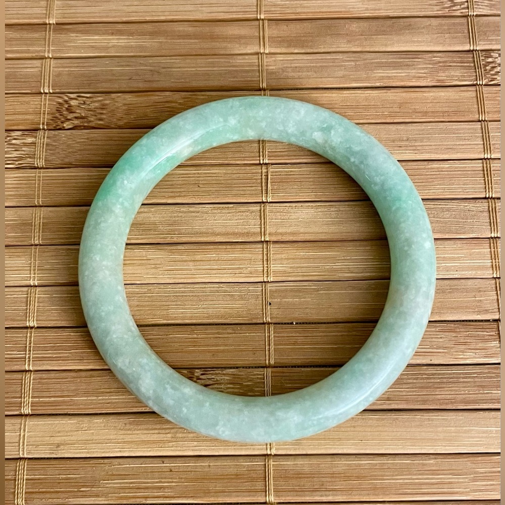 Semi-Translucent, Natural Green and White Jadeite Jade Bangle Bracelet - 60mm